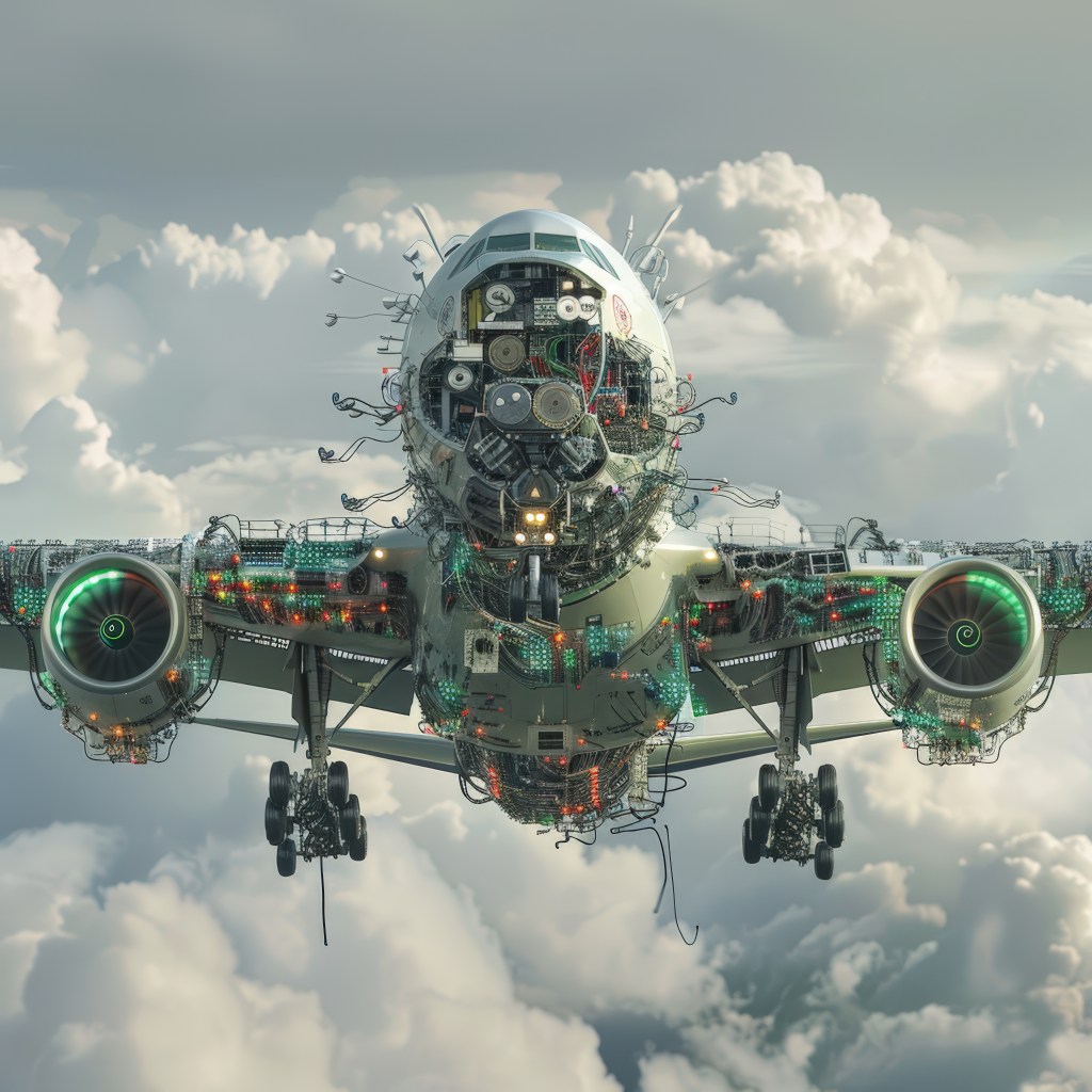 A futuristic airplane flying in the sky, with a unique design that features a large, round cockpit and a long, slender body. The plane is surrounded by clouds and has a sleek, metallic appearance.